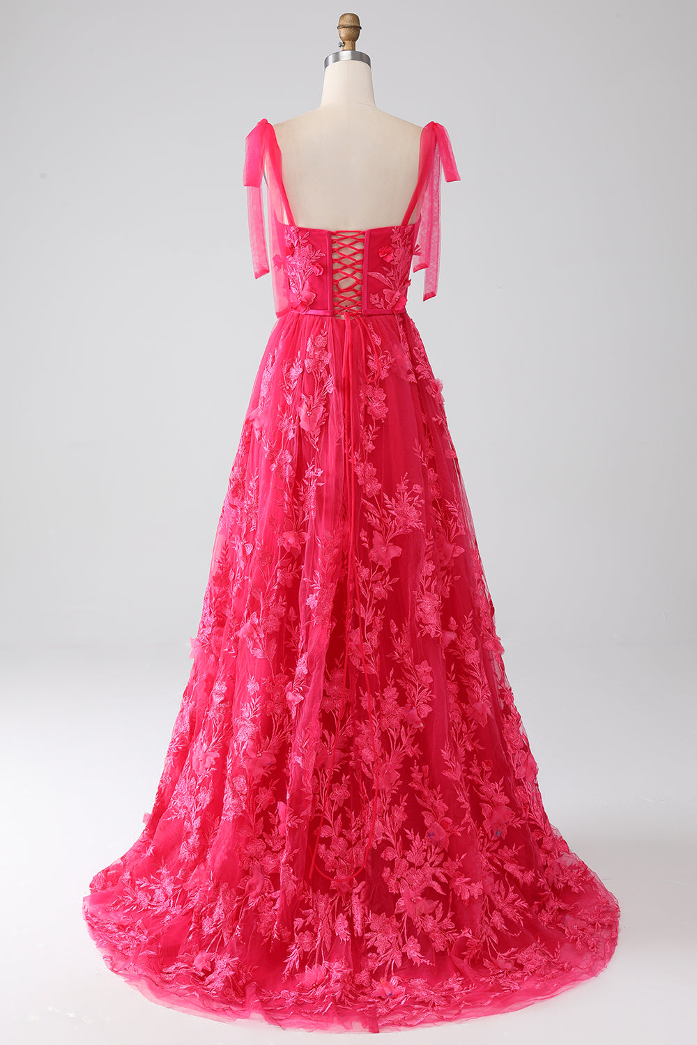 A-Line Spaghetti Stropper Fuchsia Lang Gallakjole med slids