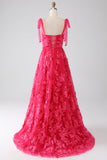 A-Line Spaghetti Stropper Fuchsia Lang Gallakjole med slids