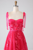 A-Line Spaghetti Stropper Fuchsia Lang Gallakjole med slids
