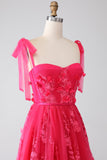 A-Line Spaghetti Stropper Fuchsia Lang Gallakjole med slids
