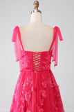 A-Line Spaghetti Stropper Fuchsia Lang Gallakjole med slids