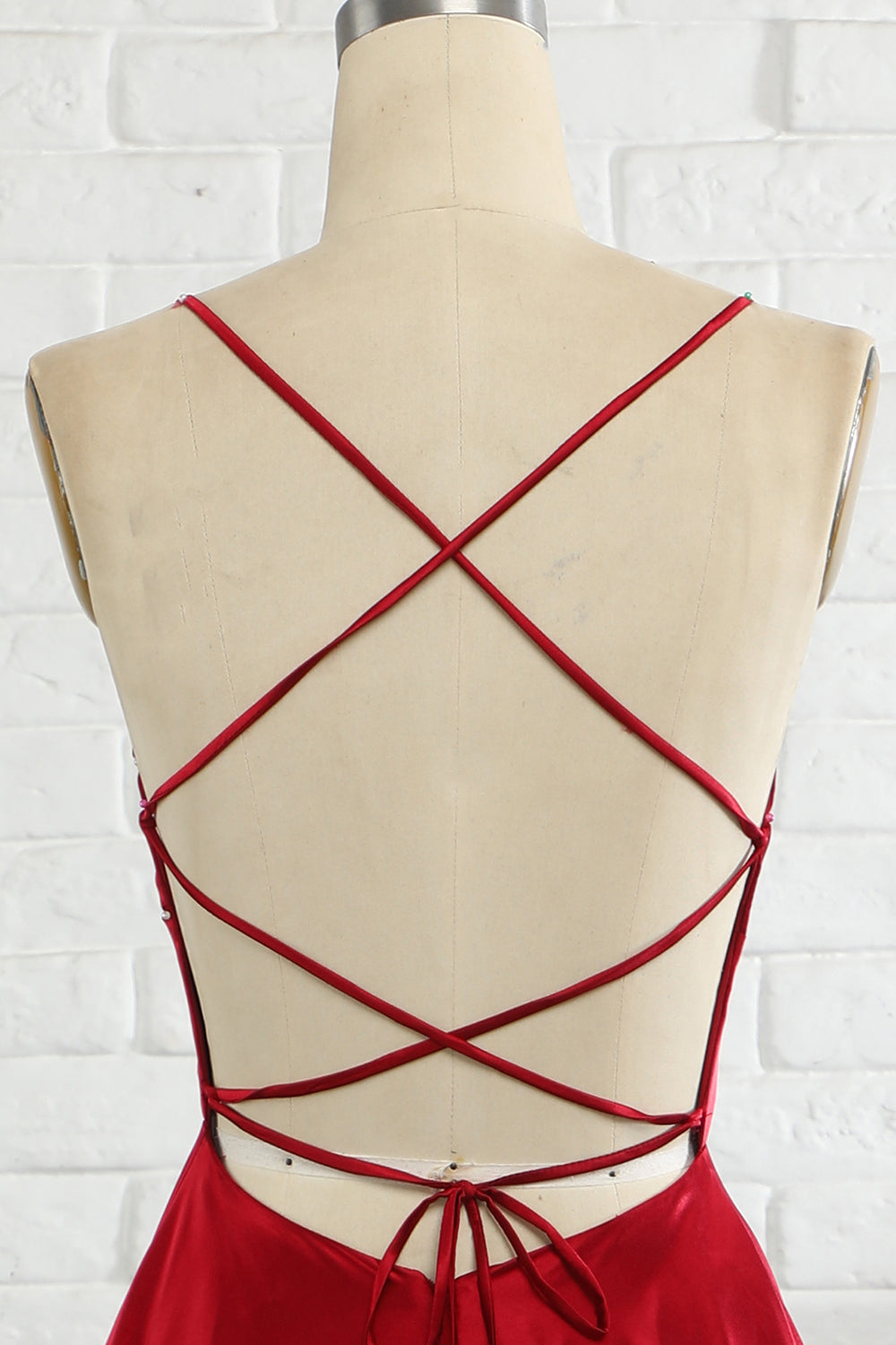 Enkel A Line Spaghetti stropper Bourgogne Long Prom Kjole med Cirss Cross Back