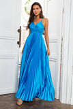 En line spaghetti stropper Lake Blue Long Prom Kjole