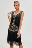 Sort Gatsby 1920'ernes flappekjole med pailletter og frynser