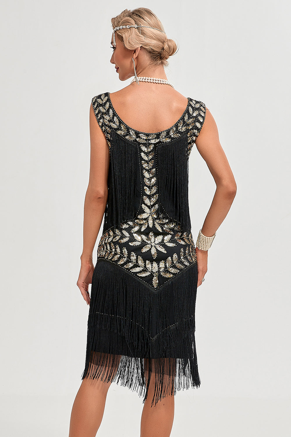 Sort Gatsby 1920'ernes flappekjole med pailletter og frynser
