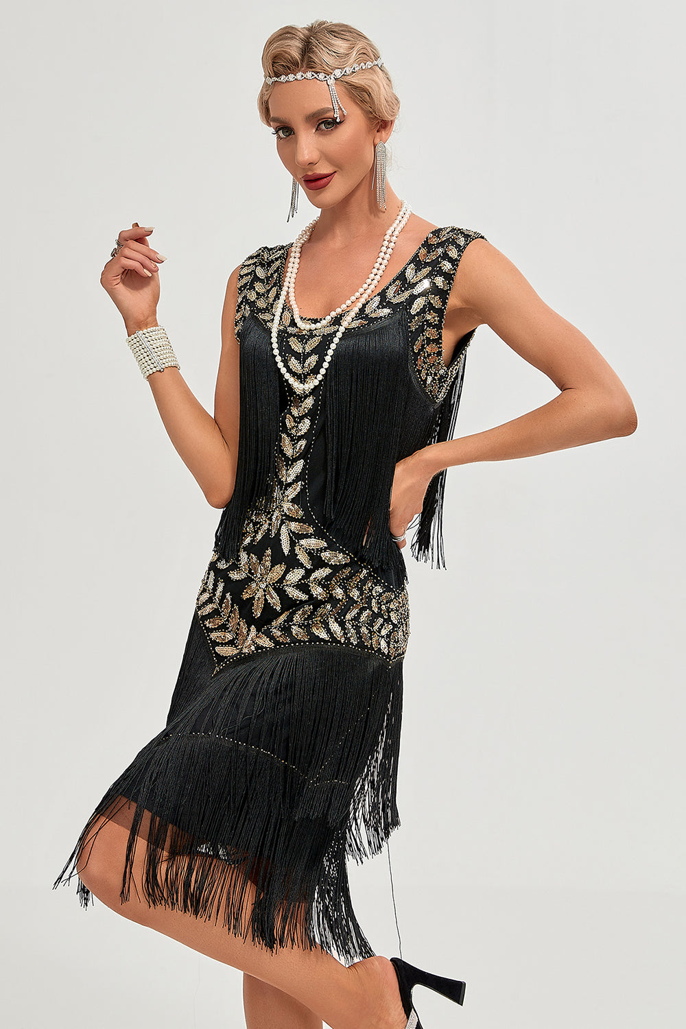 Sort Gatsby 1920'ernes flappekjole med pailletter og frynser