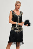 Sort Gatsby 1920'ernes flappekjole med pailletter og frynser