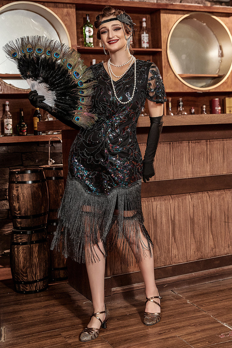 Zapaka Kvinder Sort Gatsby Kjole V-Neck Flapper Frynser Kjole med farverige pailletter ZAPAKA DA