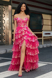 Trendy A Line Fra skulder Fuchsia Korset Gallakjole med delt front