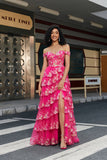 Trendy A Line Fra skulder Fuchsia Korset Gallakjole med delt front