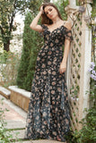 Sort Chiffon off shoulder prom kjole med blomster
