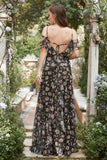 Sort Chiffon off shoulder prom kjole med blomster