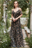 Sort Chiffon off shoulder prom kjole med blomster