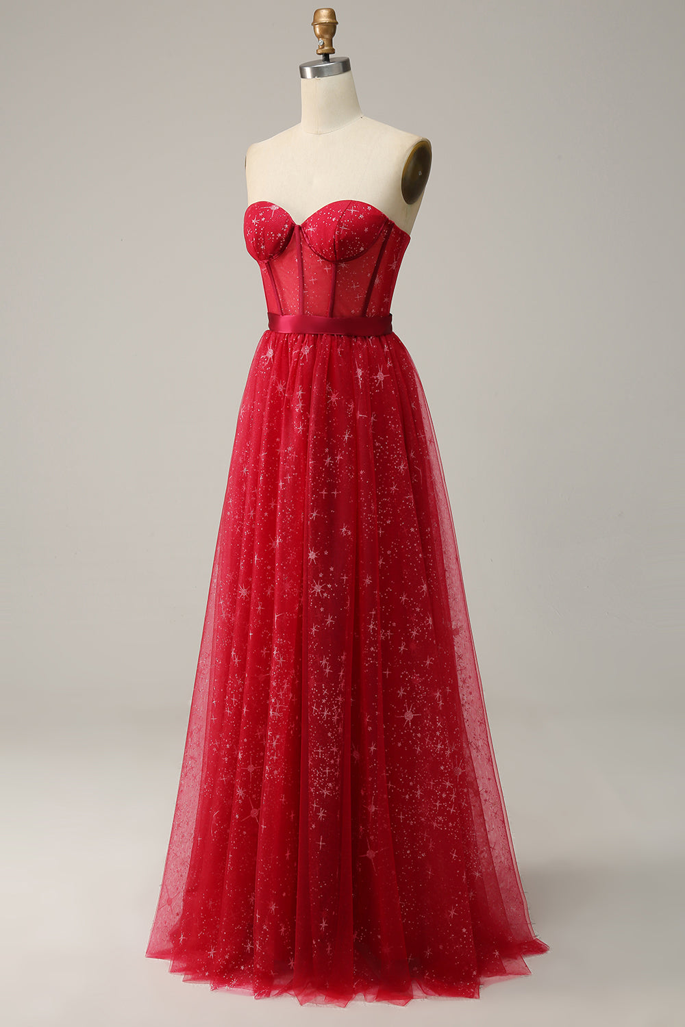 Rød stropløs tylkorset gallakjole