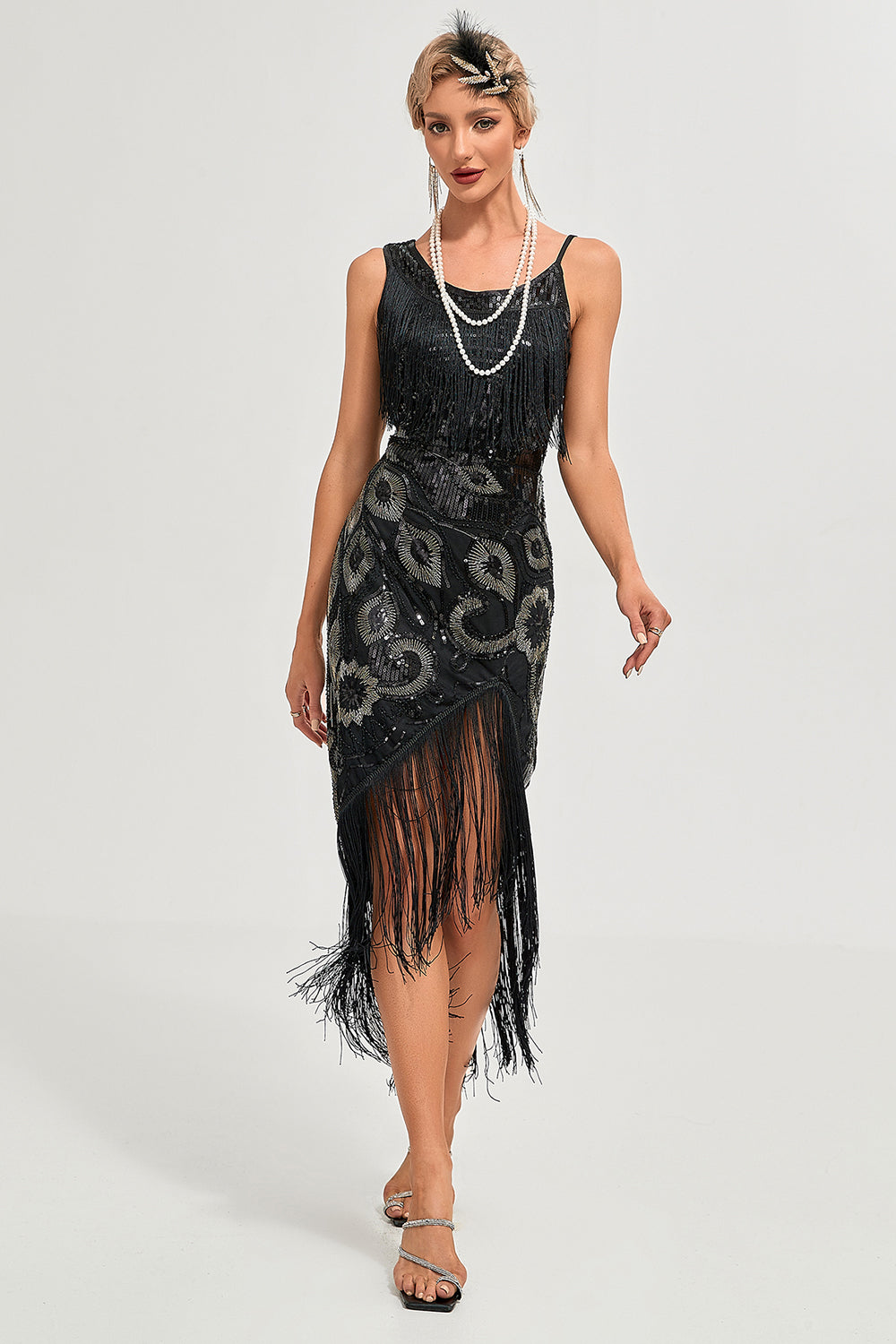 Sort Spaghetti Stropper Gatsby frynsede Flapper Kjole