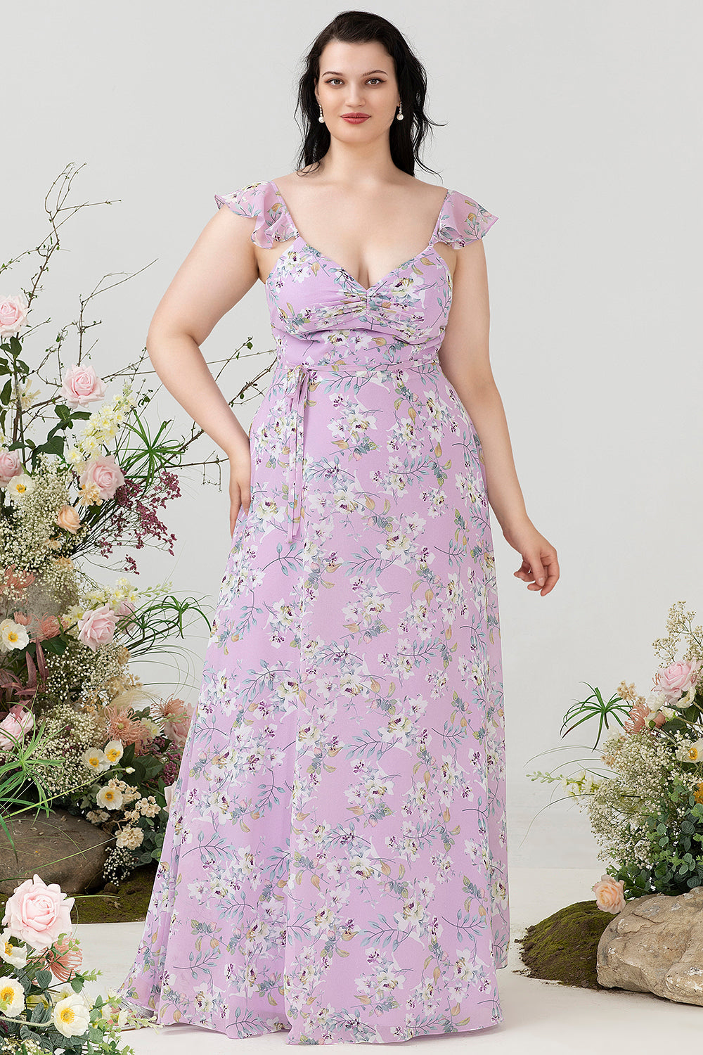 Lilla blomsterprint plus size brudepigekjole