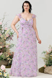 Lilla blomsterprint plus size brudepigekjole