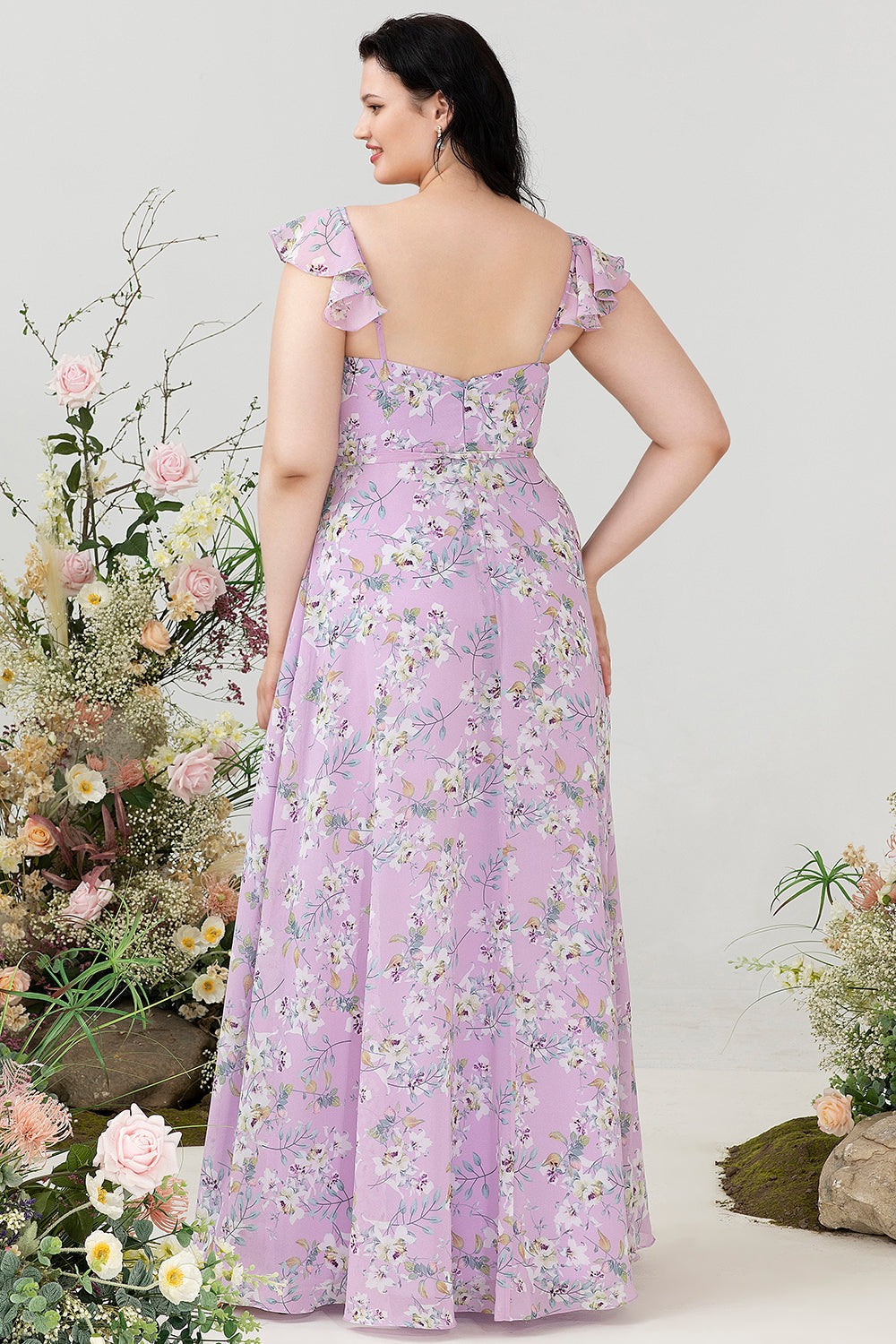 Lilla blomsterprint plus size brudepigekjole