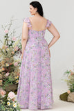 Lilla blomsterprint plus size brudepigekjole