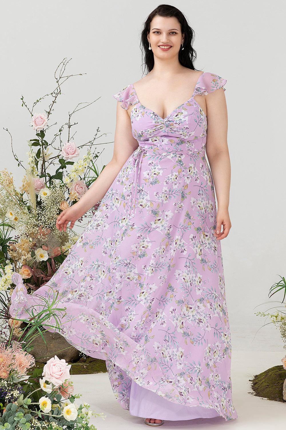 Lilla blomsterprint plus size brudepigekjole