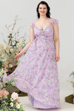Lilla blomsterprint plus size brudepigekjole