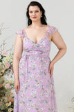 Lilla blomsterprint plus size brudepigekjole