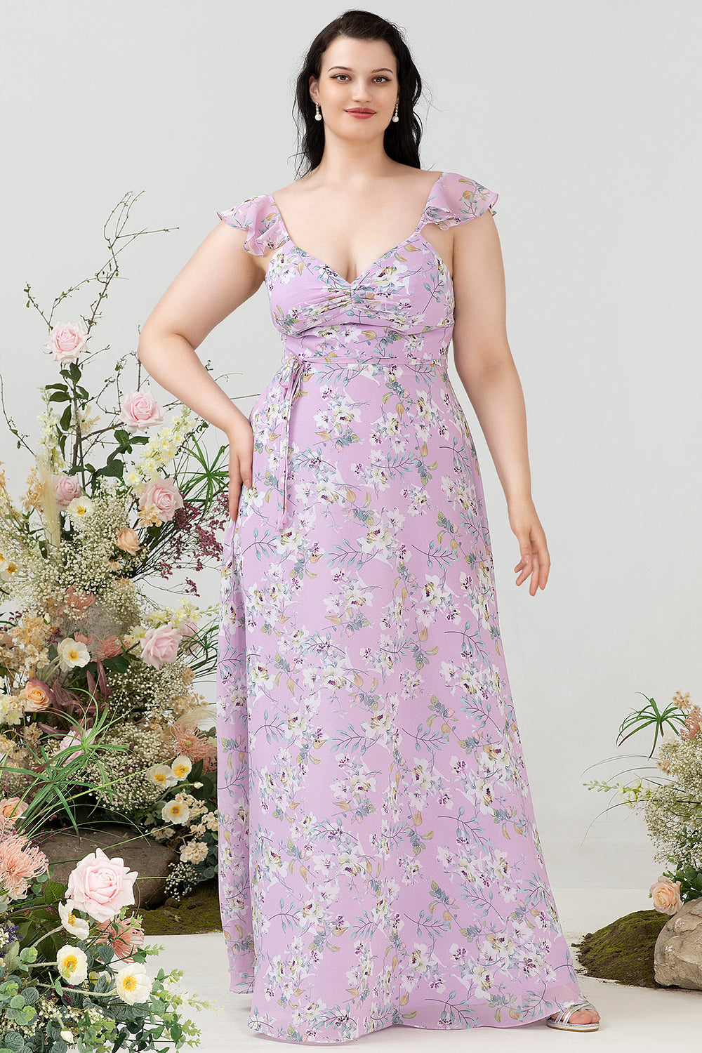 Lilla blomsterprint plus size brudepigekjole