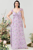 Lilla blomsterprint plus size brudepigekjole