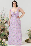 Lilla blomsterprint plus size brudepigekjole