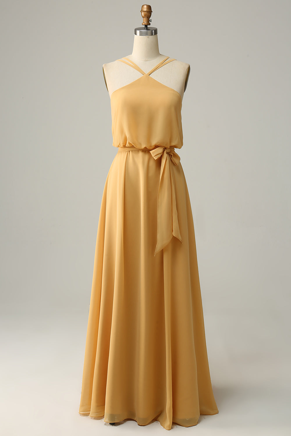 En Line Halter Yellow Long Brudepigekjole med Bowknot