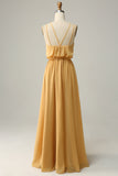 En Line Halter Yellow Long Brudepigekjole med Bowknot