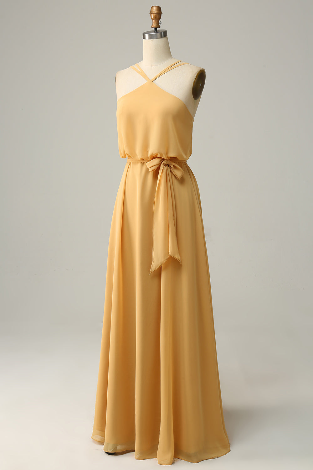 En Line Halter Yellow Long Brudepigekjole med Bowknot