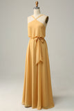 En Line Halter Yellow Long Brudepigekjole med Bowknot