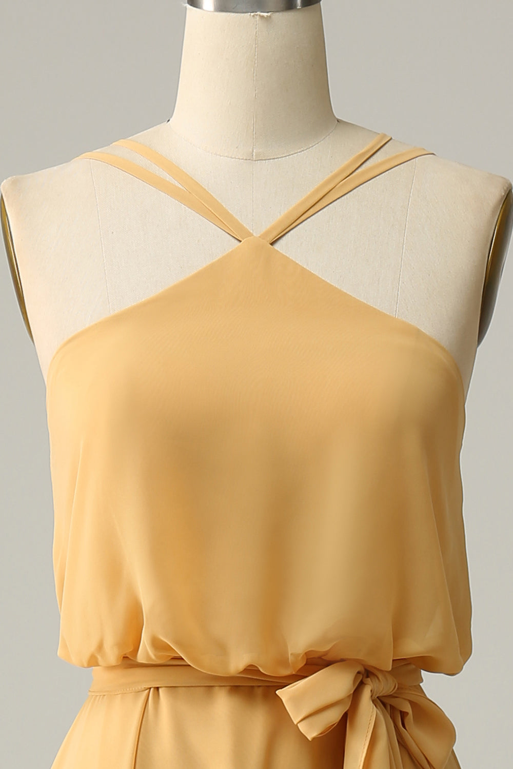 En Line Halter Yellow Long Brudepigekjole med Bowknot