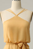 En Line Halter Yellow Long Brudepigekjole med Bowknot