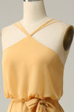 En Line Halter Yellow Long Brudepigekjole med Bowknot