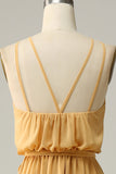 En Line Halter Yellow Long Brudepigekjole med Bowknot