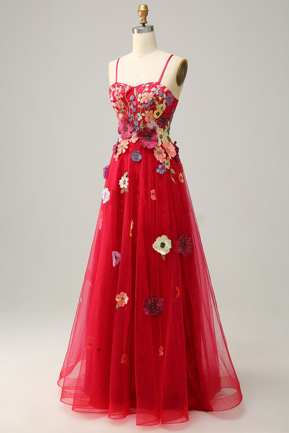 A Line Spaghetti Straps Bourgogne Long Prom Dress med applikationer