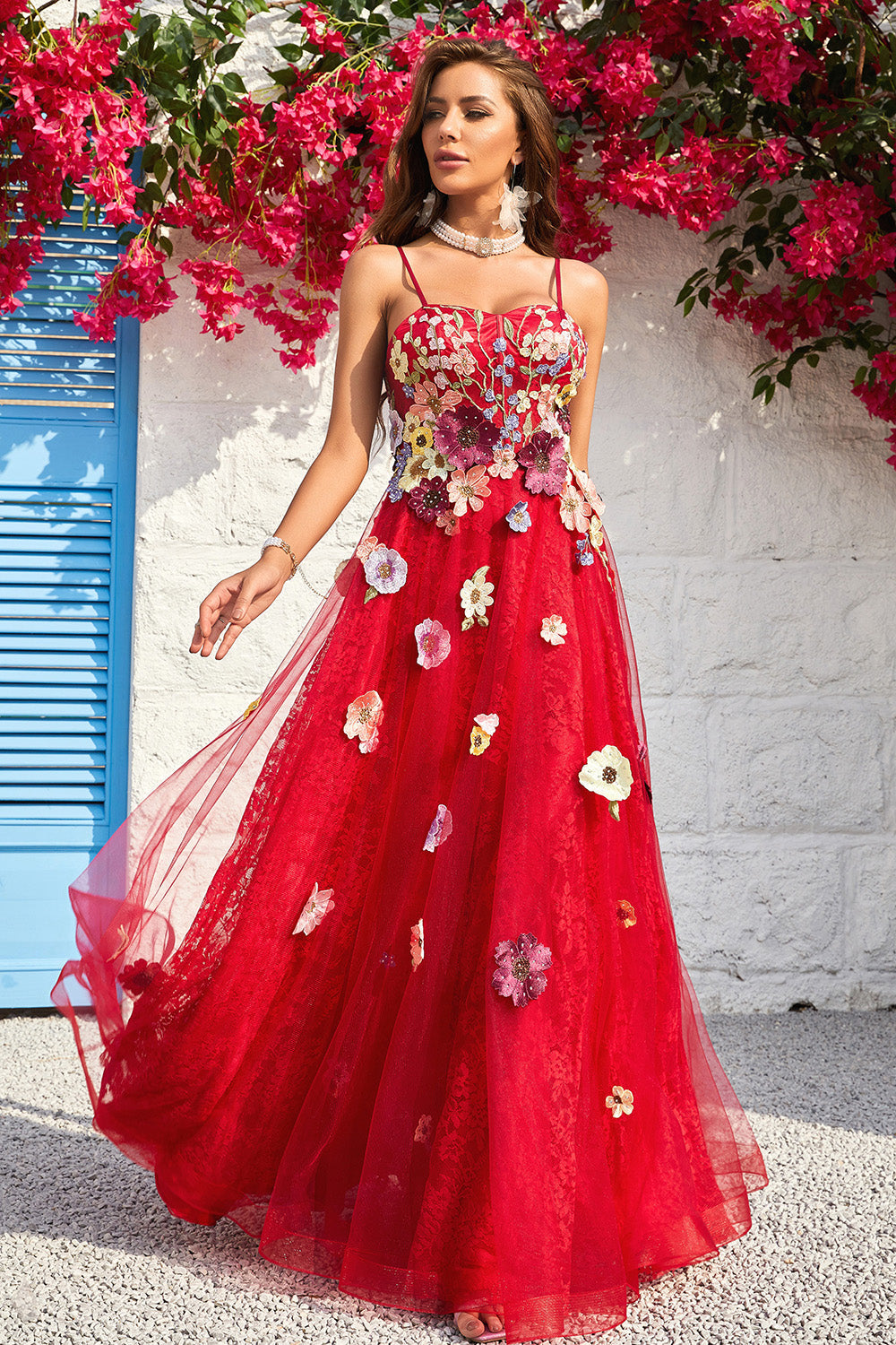 A Line Spaghetti Straps Bourgogne Long Prom Dress med applikationer