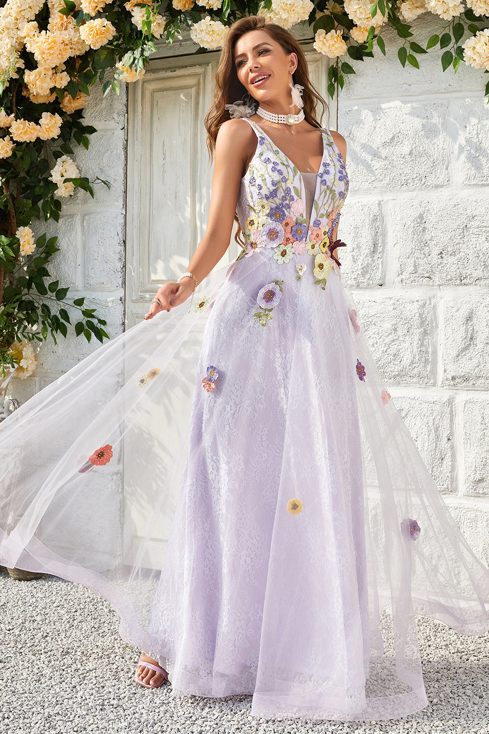 A Line Deep V Neck Lavendel Long Prom Dress med åben ryg