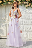 A Line Deep V Neck Lavendel Long Prom Dress med åben ryg