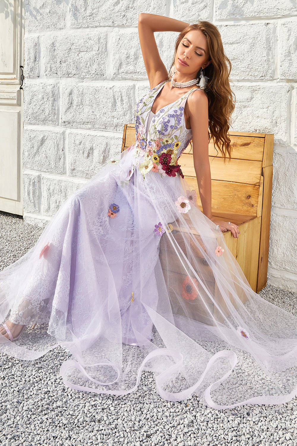 A Line Deep V Neck Lavendel Long Prom Dress med åben ryg