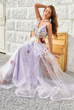 A Line Deep V Neck Lavendel Long Prom Dress med åben ryg