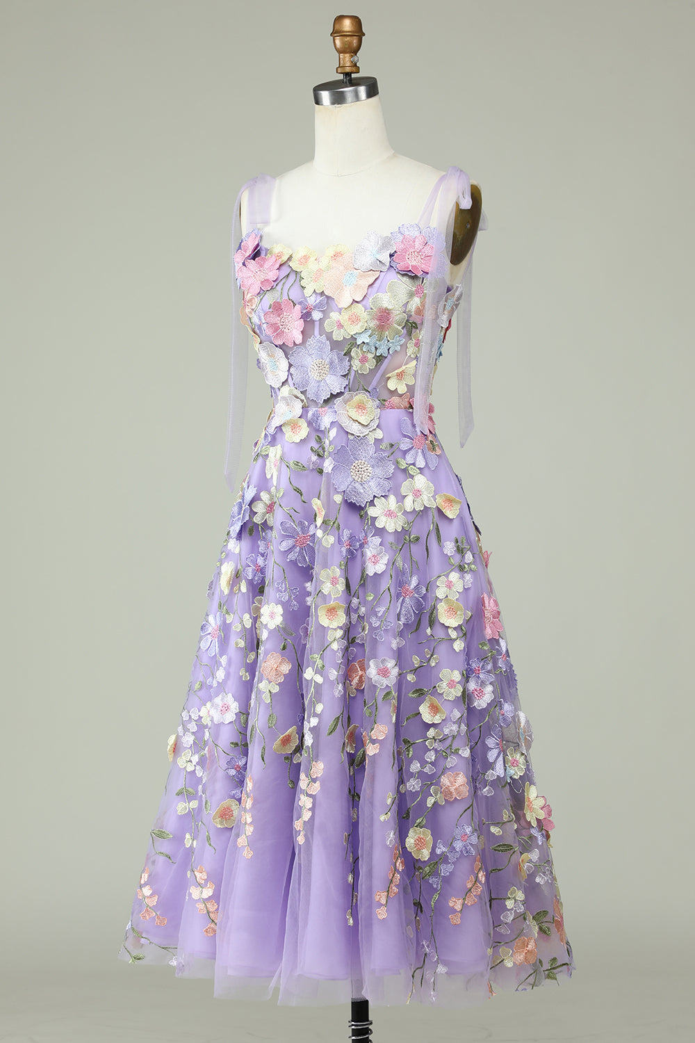A Line Spaghetti Straps Lilla Tea Længde Prom Dress med 3D Blomster