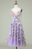 A Line Spaghetti Straps Lilla Tea Længde Prom Dress med 3D Blomster