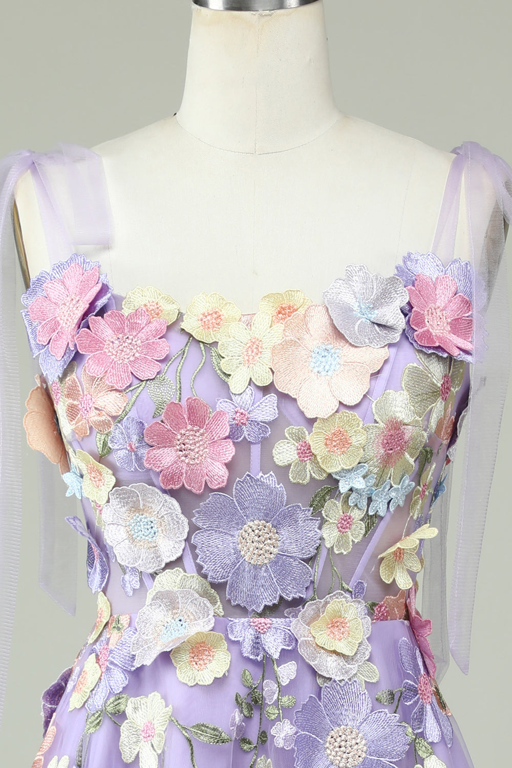 A Line Spaghetti Straps Lilla Tea Længde Prom Dress med 3D Blomster