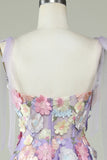 A Line Spaghetti Straps Lilla Tea Længde Prom Dress med 3D Blomster