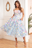 A Line Spaghetti Straps Lilla Tea Længde Prom Dress med 3D Blomster