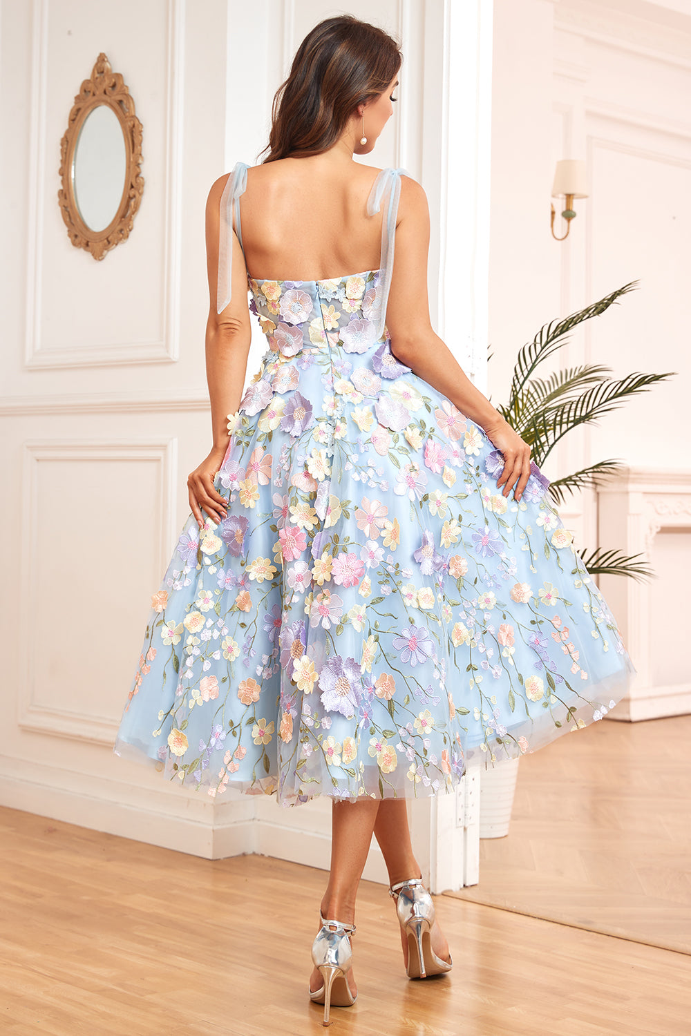 A Line Spaghetti Straps Lilla Tea Længde Prom Dress med 3D Blomster