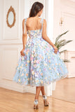 A Line Spaghetti Straps Lilla Tea Længde Prom Dress med 3D Blomster